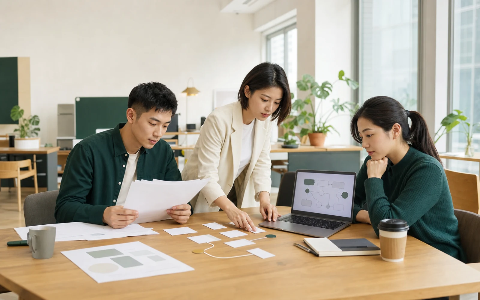 不同職能的學員在明亮工作空間中討論文件、內容與 AI 工作流程
